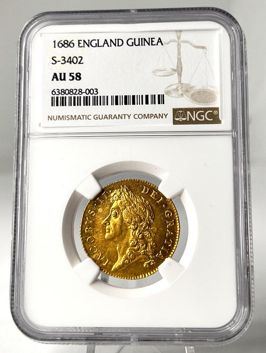 1686 King James II Gold Guinea AU58